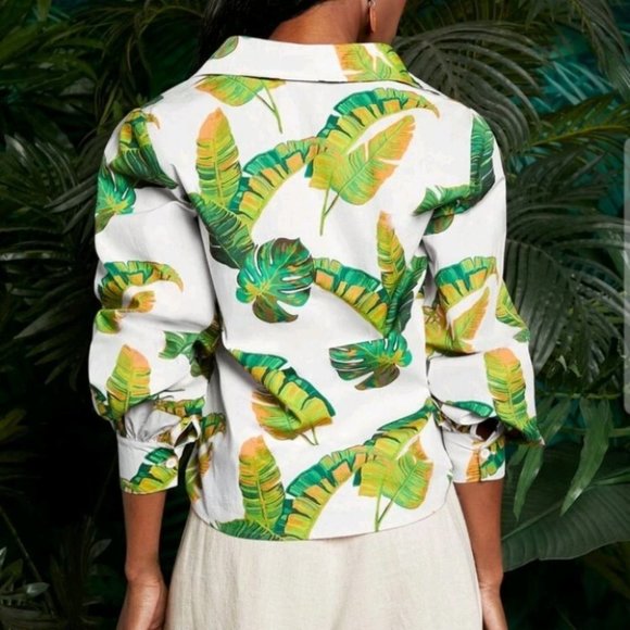 WHITE PALM BUTTON DOWN PANTERN SLEEVE SHIRT SUMMER VACAY - Picture 2 of 6